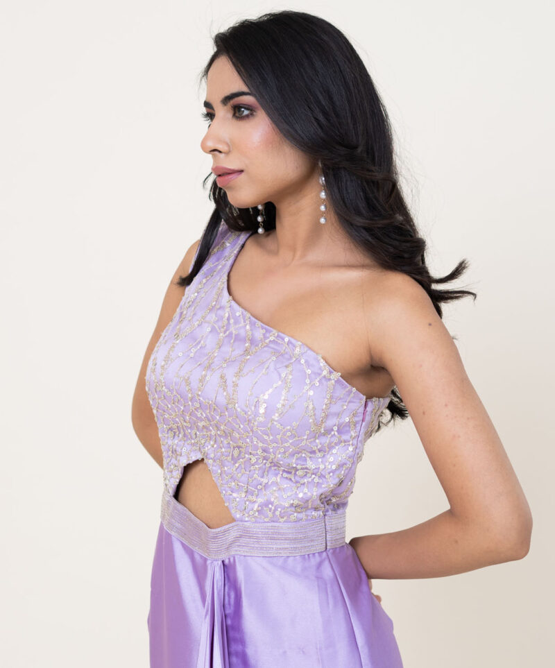Pastel purple one shoulder draped gown