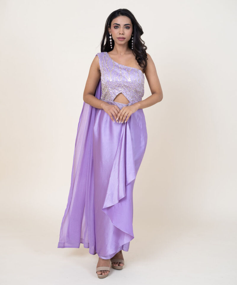 Pastel purple one shoulder draped gown - Image 2