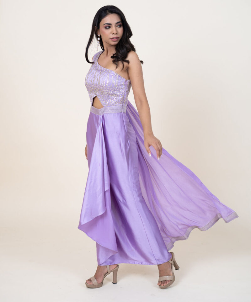 Pastel purple one shoulder draped gown - Image 3