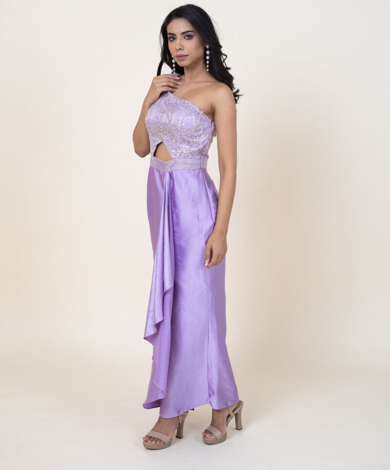 Pastel purple one shoulder draped gown - Image 4