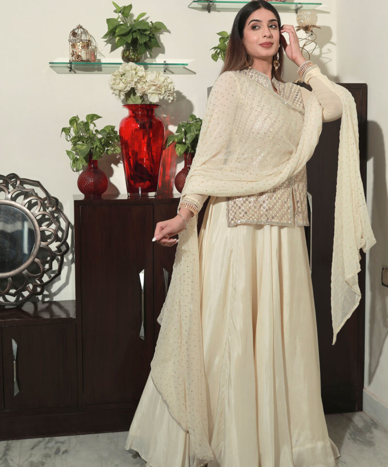 Off white long blouse lehenga set