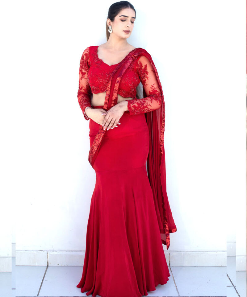 Red Bodycon Draped Saree - Image 4