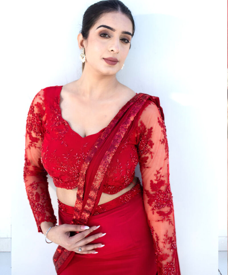 Red Bodycon Draped Saree - Image 3