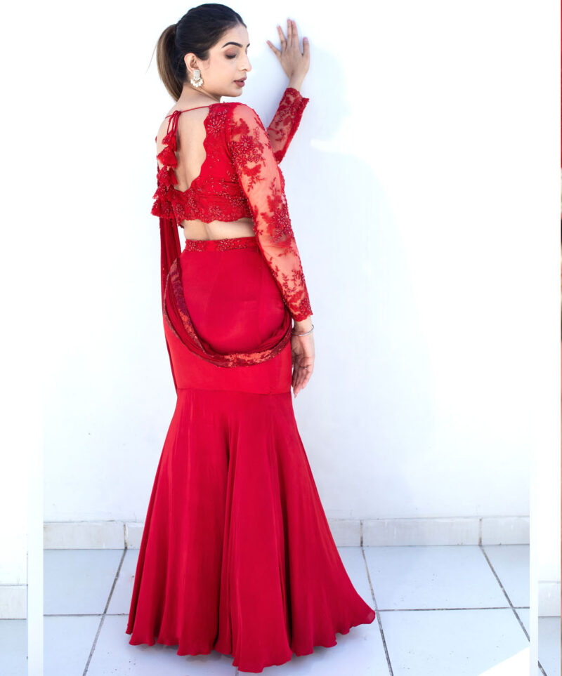 Red Bodycon Draped Saree - Image 5
