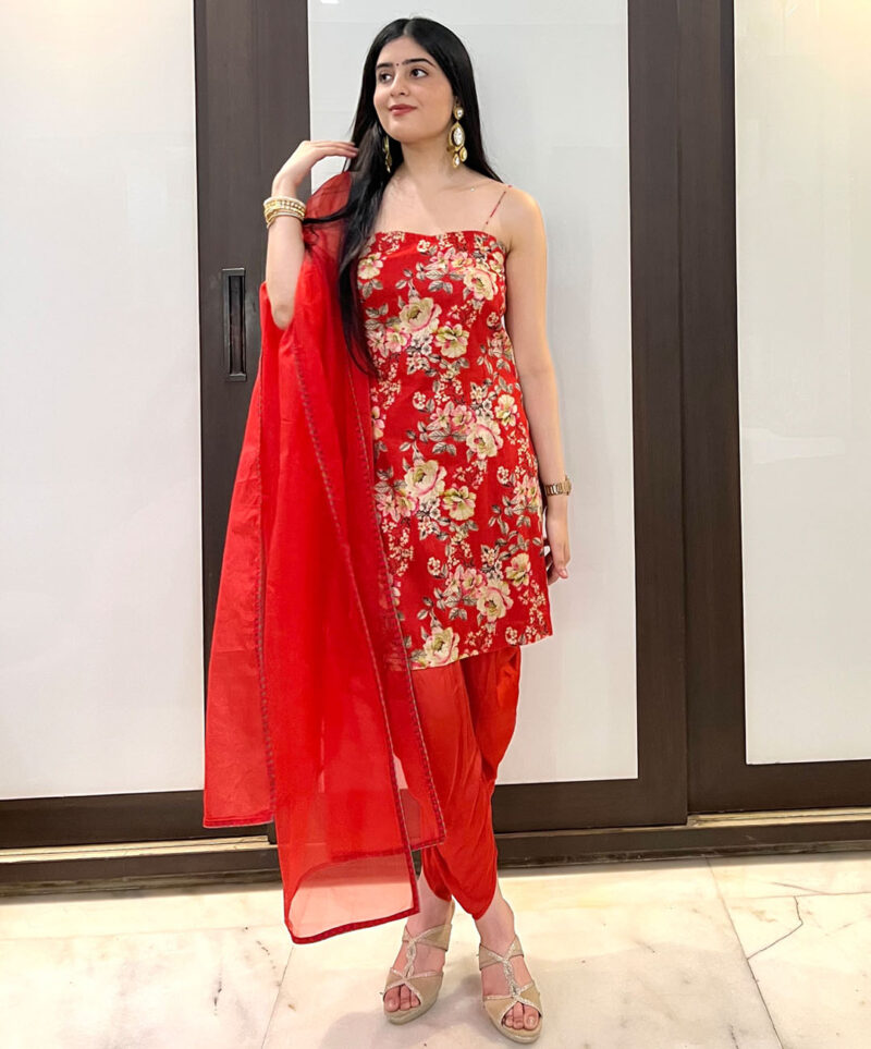 Floral Red dhoti salwar set - Image 2