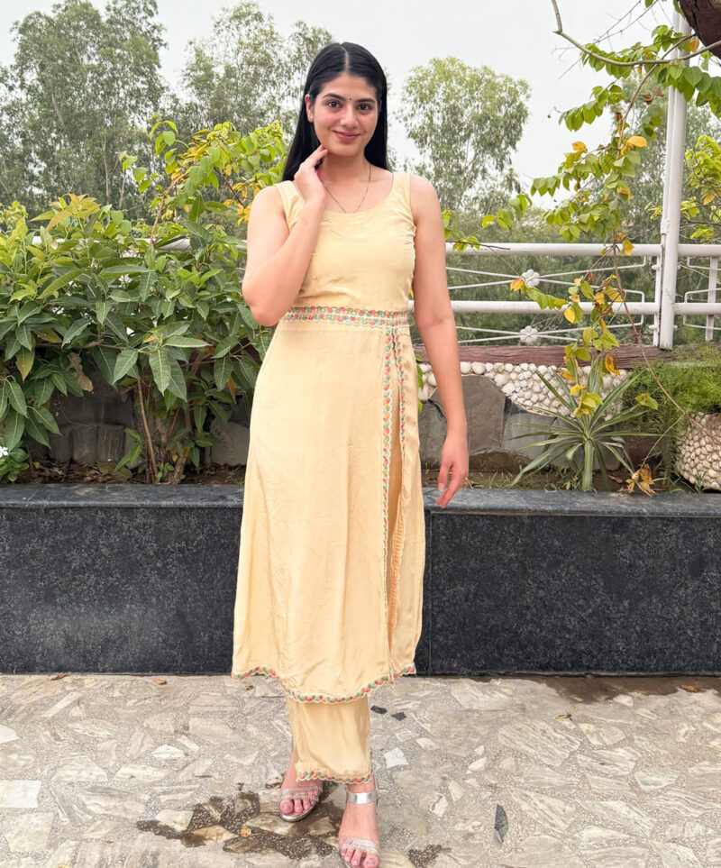 Beige front open slit kurta set